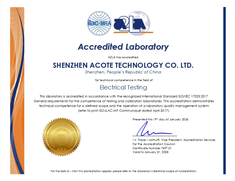 Our company has obtained A2LA accredited laboratory status